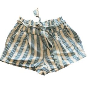 Blue White Striped Paperbag Waist Cotton Shorts with Belt Size Small